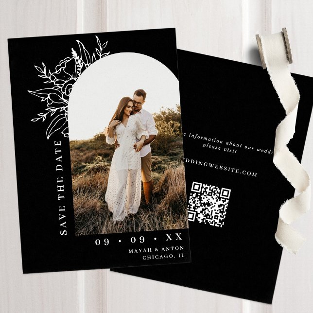Botanical Floral Arch Photo Black & White Wedding Save The Date (Creator Uploaded)