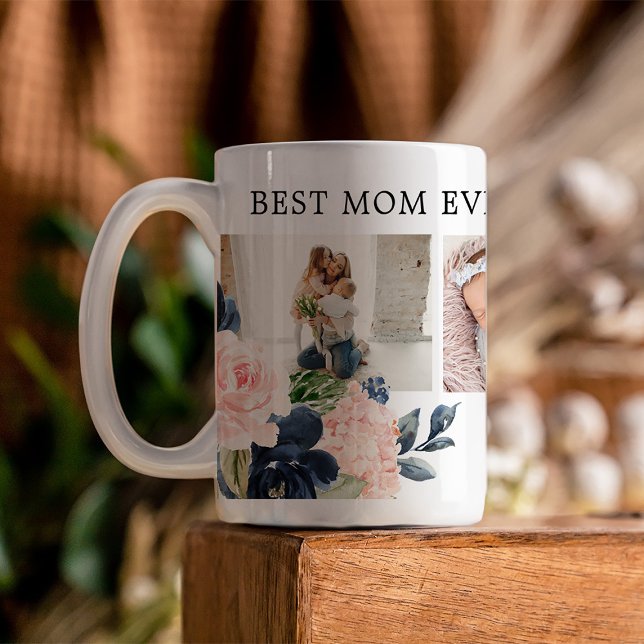Botanical Floral Best Mom Ever Photo Collage Coffee Mug (Presenting a custom-crafted Mother's Day mug with beautiful florals framing a photo collage)