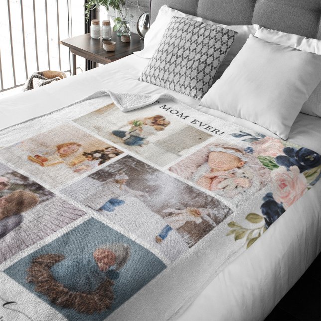 Botanical Floral Best Mom Photo Collage Fleece Blanket (Perfect gift for Mother's Day for your special mom. The design features a photo collage)
