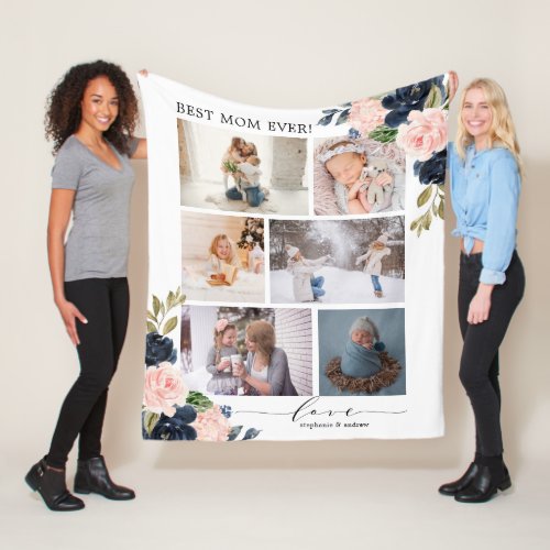 Botanical Floral Best Mom Photo Collage Fleece Blanket