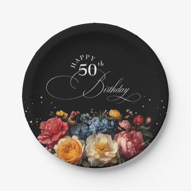 Botanical Floral Black Happy Birthday Paper Plates (Front)