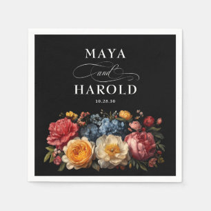Botanical Floral Black Moody Wedding Napkins