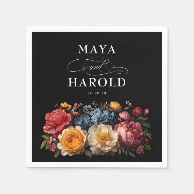 Botanical Floral Black Moody Wedding Napkins (Front)