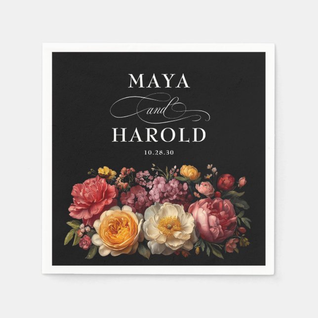 Botanical Floral Black Moody Wedding Napkins (Front)