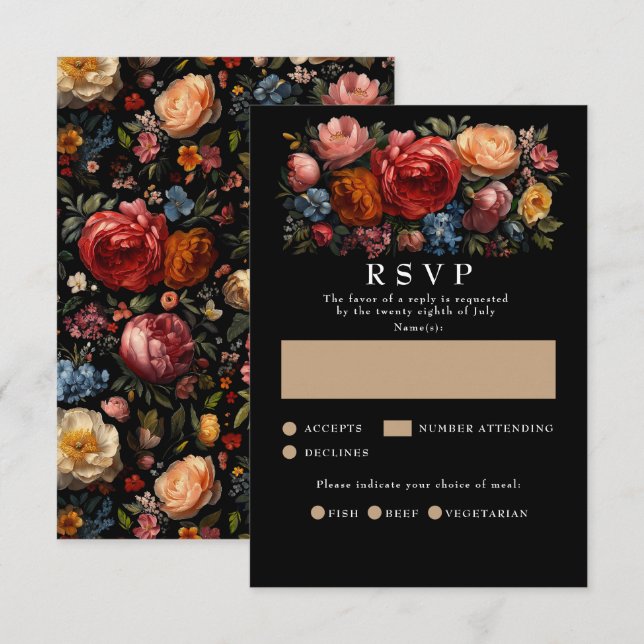 Botanical Floral Black Moody Wedding RSVP Cards (Front/Back)