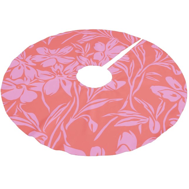 Botanical Floral Boho Art Design in Pink and Red Brushed Polyester Tree Skirt (Angled)