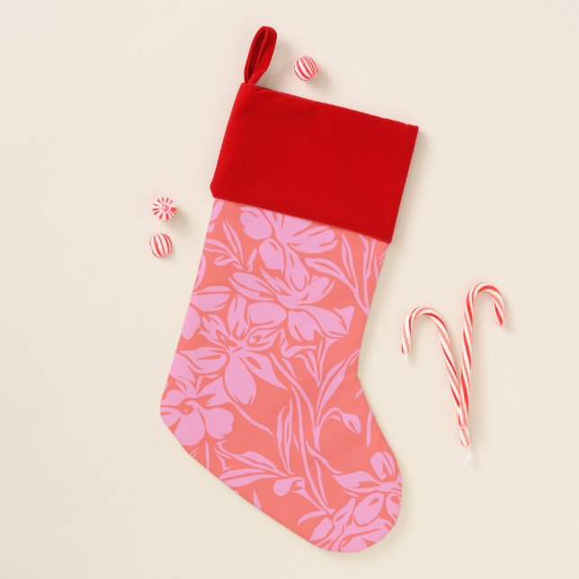 Botanical Floral Boho Art Design in Pink and Red Christmas Stocking (Front)