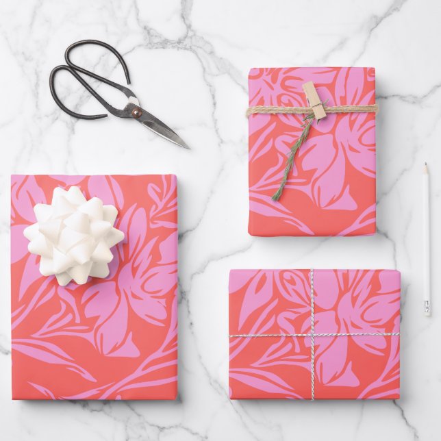 Botanical Floral Boho Art Design in Pink and Red Wrapping Paper Sheets (Front)