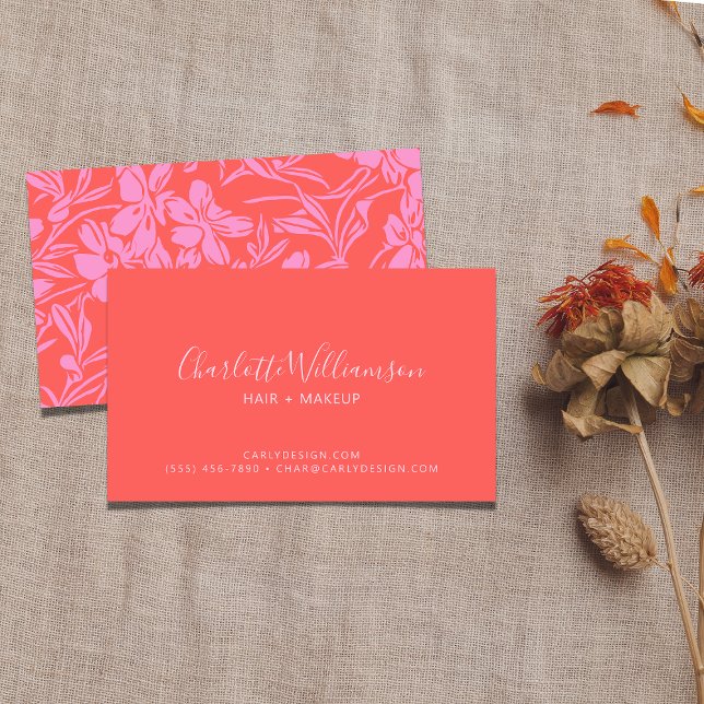 Botanical Floral Boho Art in Pink Red Personalized Business Card (Creator Uploaded)