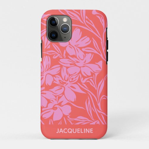 Botanical Floral Boho Art in Pink Red Personalized iPhone 11 Pro Case
