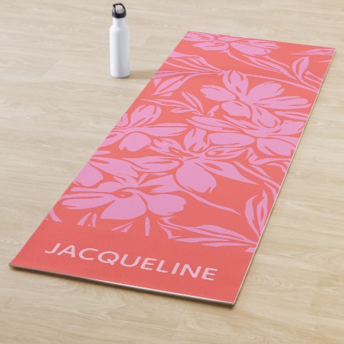 Botanical Floral Boho Art in Pink Red Personalized Yoga Mat