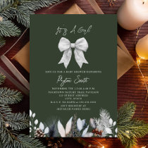 Botanical Floral Bow Winter Green Girl Baby Shower Invitation