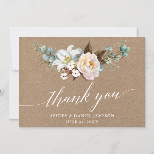 Botanical Floral Calligraphy Kraft Wedding Thank You Card (Front)