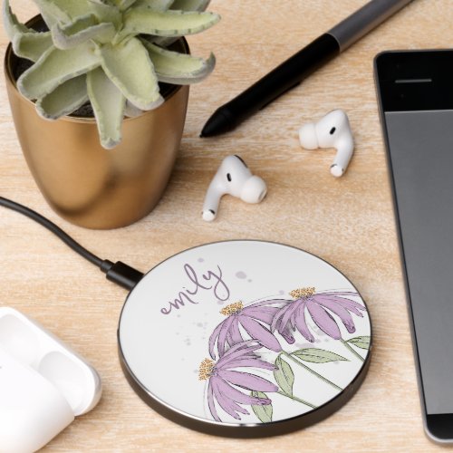 Botanical Floral Calligraphy Purple Cone Flower Wireless Charger