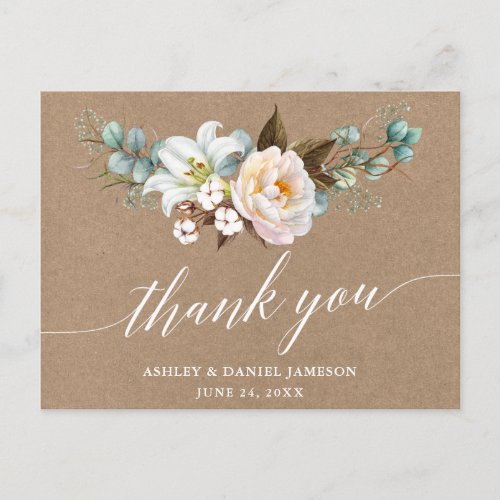 Botanical Floral Calligraphy Wedding Kraft Thanks Postcard