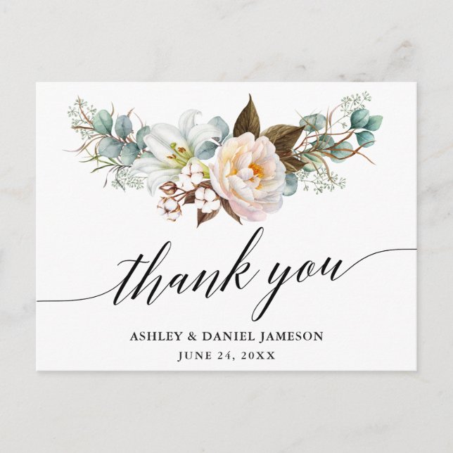 Botanical Floral Calligraphy Wedding Thank You Postcard (Front)
