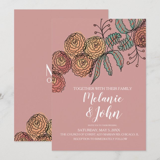 Botanical Floral Carnation Greenery Wedding Invitation (Front/Back)