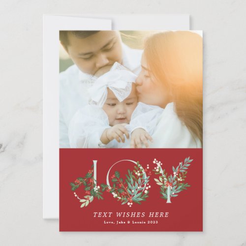 Botanical Floral Christmas JOY Classic Red Photo Holiday Card
