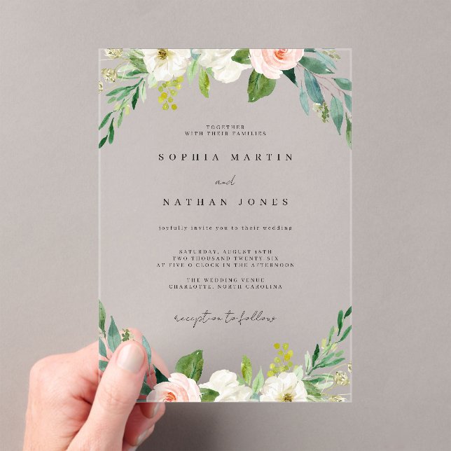 Botanical Floral Clear Minimalist Wedding  Acrylic Invitations (Insitu (Handheld))