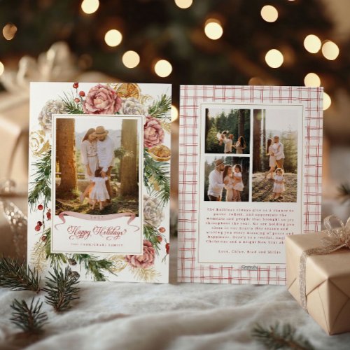 Botanical Floral Coastal Plaid Photo Grid Holiday Card