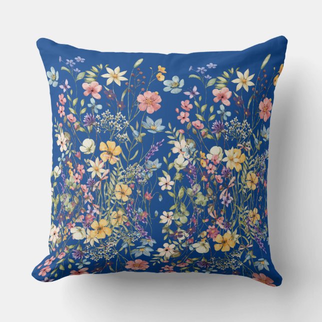 Botanical Floral Cobalt Blue Throw Pillow (Front)