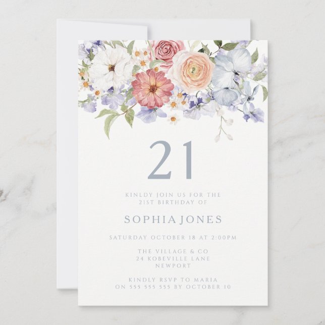 Botanical Floral Dusty Blue 21st Birthday Party Invitation (Front)