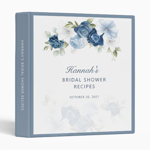 Botanical Floral Dusty Blue Bridal Shower Recipes 3 Ring Binder