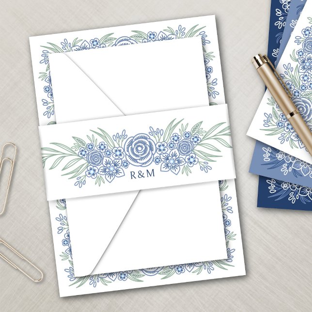 Botanical Floral Dusty Blue Navy Wedding Invitation Belly Band (Creator Uploaded)