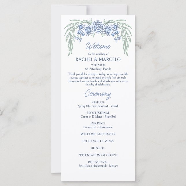 Botanical Floral Dusty Blue Navy Wedding Program (Front)