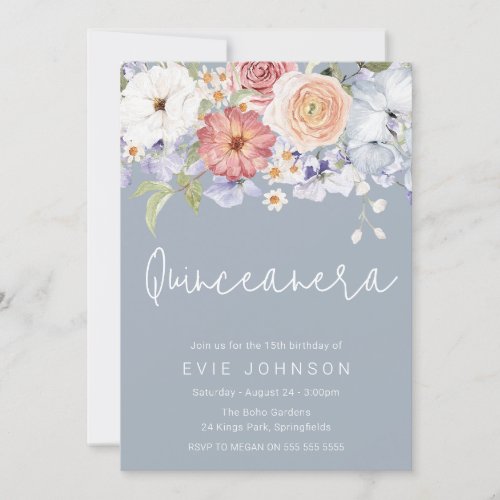 Botanical Floral Dusty Blue Quinceanera Party Invitation