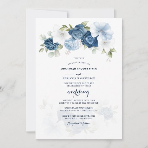 Botanical Floral Dusty Blue Script Wedding Invitation