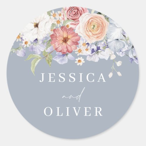 Botanical Floral Dusty Blue Wedding Engagement Classic Round Sticker