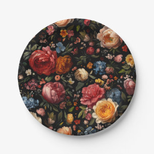 Botanical Floral Dutch Baroque Fine Art Black Paper Plates