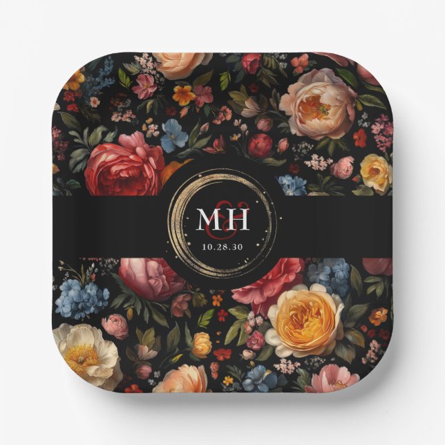 Botanical Floral Dutch Baroque Wedding Monogram Paper Plates (Front)