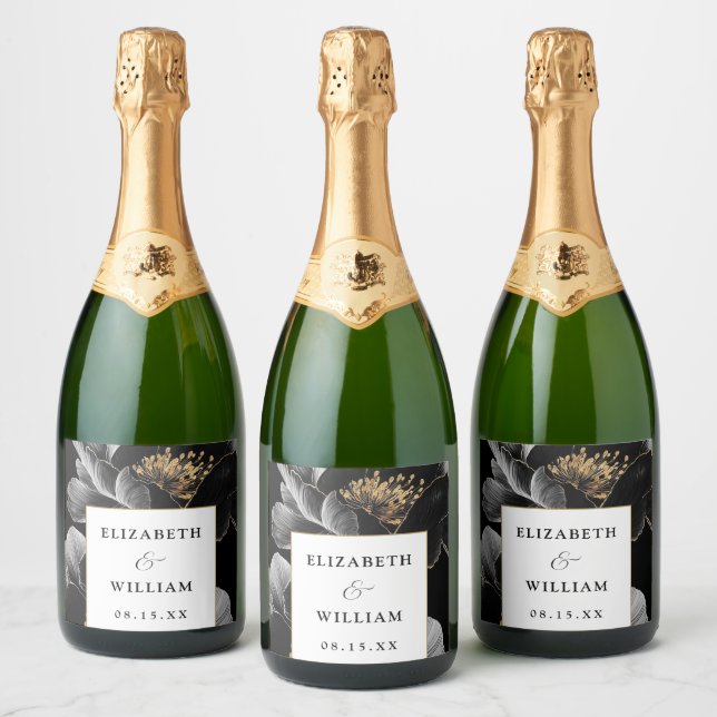 Botanical Floral Elegant Modern Chic Wedding Sparkling Wine Label (Bottles)