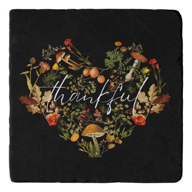 Botanical Floral Fall Thankful Black Mushrooms    Trivet (Front)