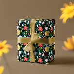 Botanical Floral Festive Garden Pattern Black Wrapping Paper<br><div class="desc">Beautiful botanical floral & foliage elegant floral pattern wrapping paper. Our design features our hand-drawn floral festive botanicals. The bountiful floral botanicals create a beautiful pattern. We've selected a beautiful color pallet of yellow, blush pink, cranberry red, and deep forest green leaves. All illustrations are hand-drawn original artwork by Moodthogy...</div>