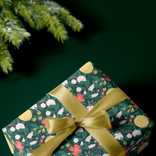 Botanical Floral Festive Garden Pattern Green Wrapping Paper