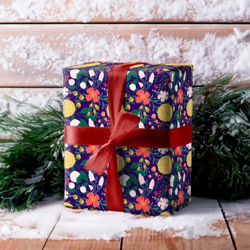 Botanical Floral Festive Garden Pattern Purple Wrapping Paper