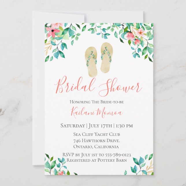 Botanical Floral Flip Flops Bridal Shower Invitation (Front)