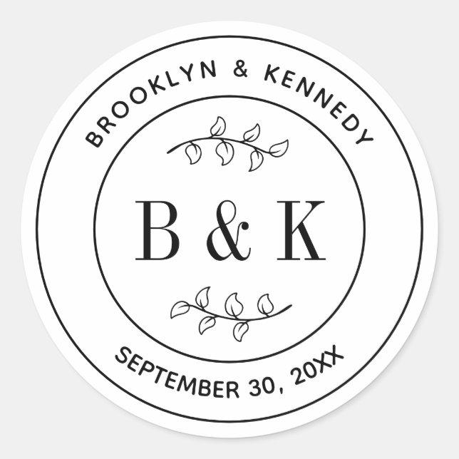 Botanical Floral Fun Monogram Wedding Couple Name Classic Round Sticker (Front)