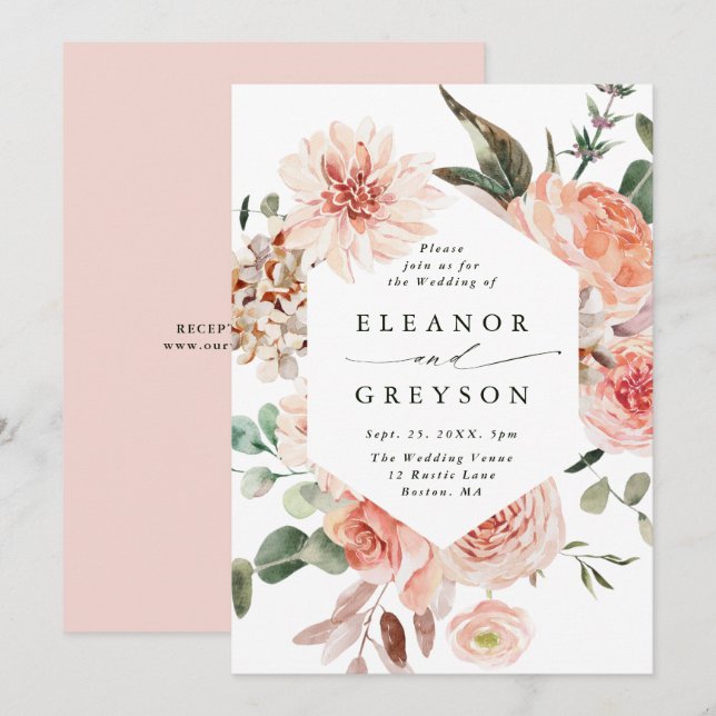 Botanical Floral Garden Blush Hexagon Wedding Invitation (Front/Back)