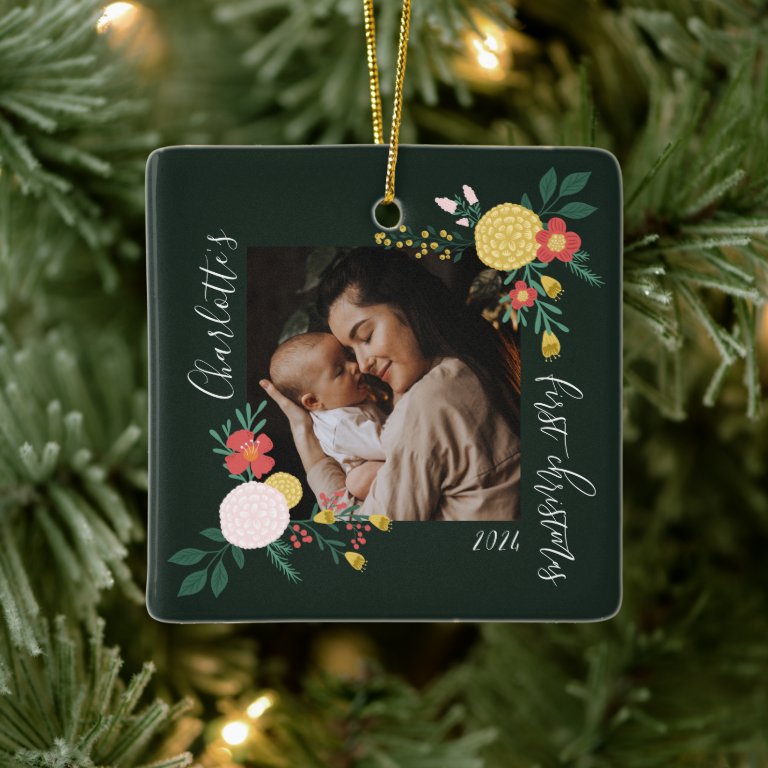 Botanical Floral Garden Elegant Photo Frame Green Ceramic Ornament