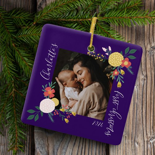 Botanical Floral Garden Elegant Photo Frame Purple Ceramic Ornament