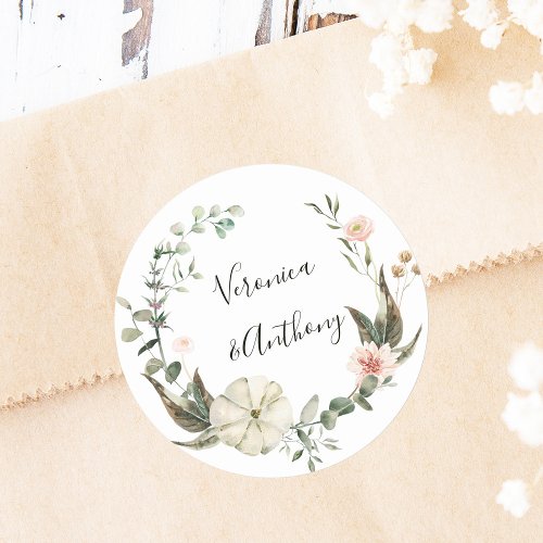 Botanical Floral Garden Elegant Wreath Wedding Classic Round Sticker