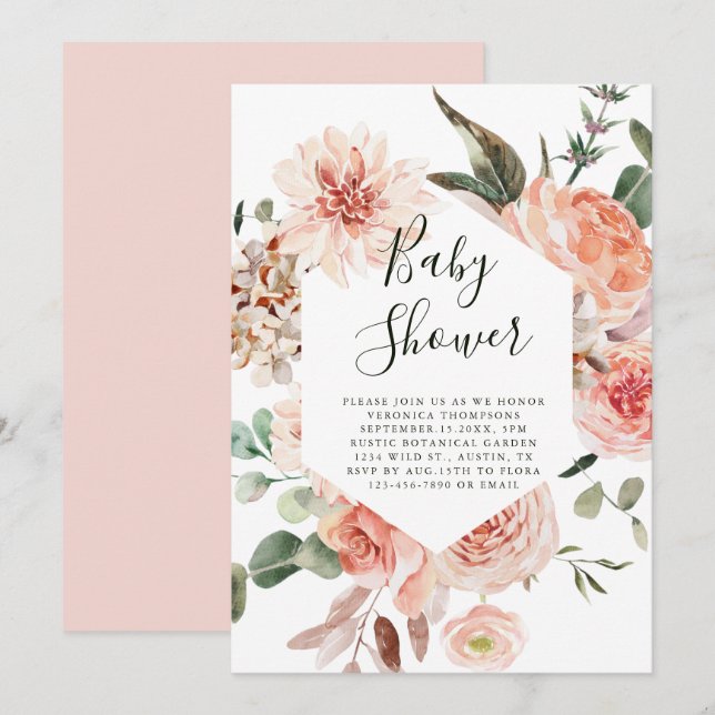 Botanical Floral Garden Hexagon Baby Shower Invitation (Front/Back)