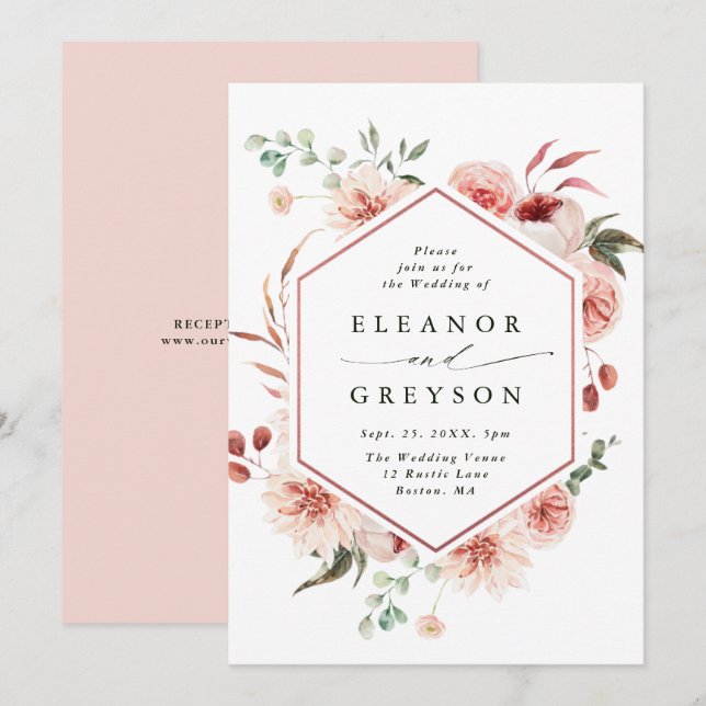 Botanical Floral Garden Hexagon Wedding Blush Invitation (Front/Back)