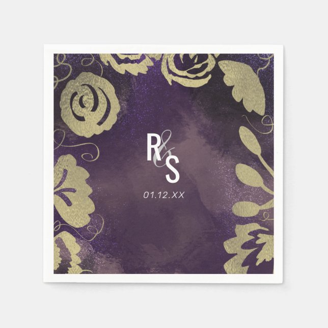 Botanical Floral Garden Rose Gold Purple Wedding Napkins (Front)