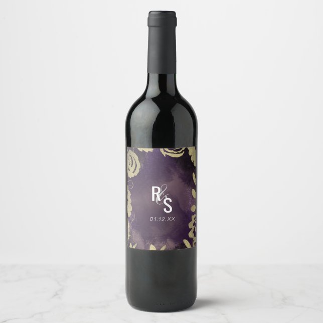 Botanical Floral Garden Rose Gold Purple Wedding Wine Label (Front)