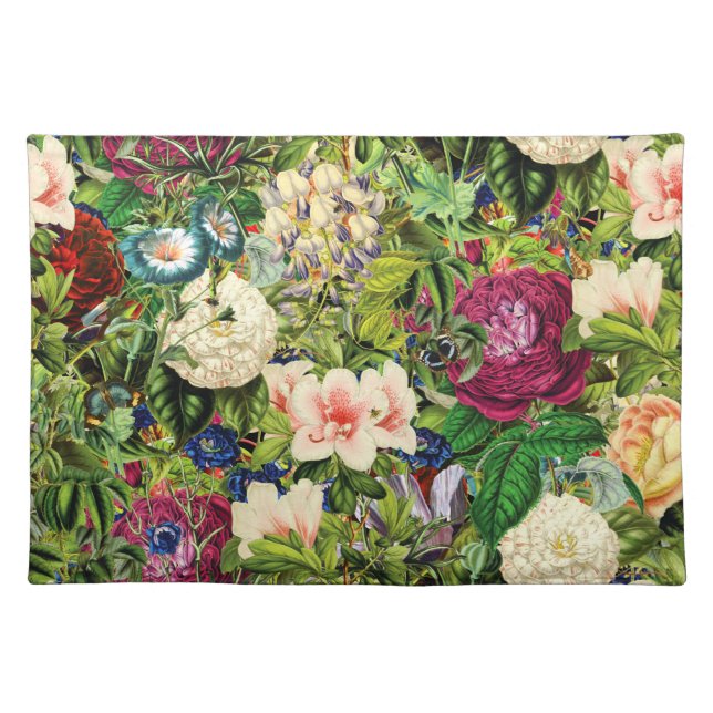 Botanical Floral Garden with Bees and Butterflies Cloth Placemat (Front)